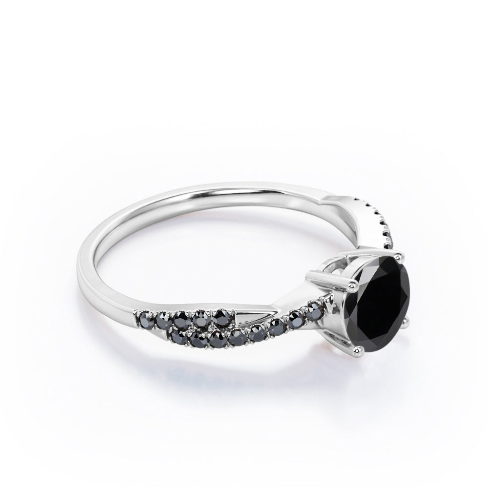 Basket Cathedral - 1.45 TCW Round Shape Lab Created Black Diamond - Crossover Pave Engagement Ring in White Gold