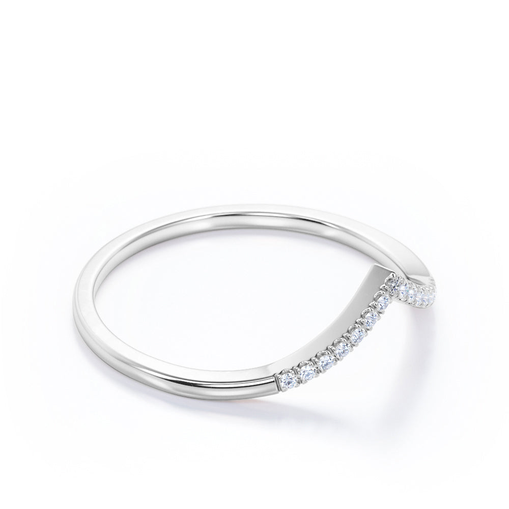 V-Curved Band - 0.15 TCW Round Shape Moissanite- Classic Pave Accented - White Gold