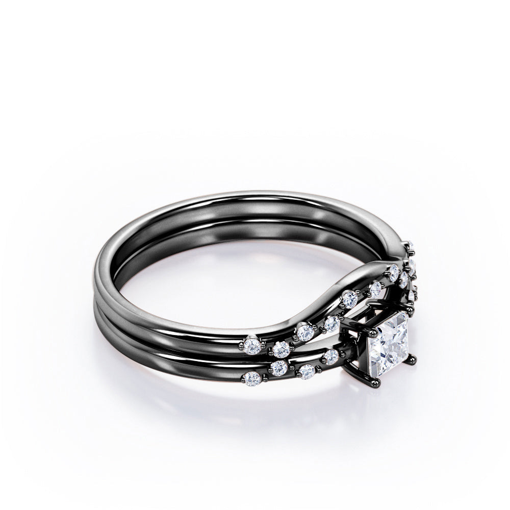 2-Prong Flush - 0.4 TCW Princess Cut Diamond - Curved Minimalist Wedding Ring Set in White Gold