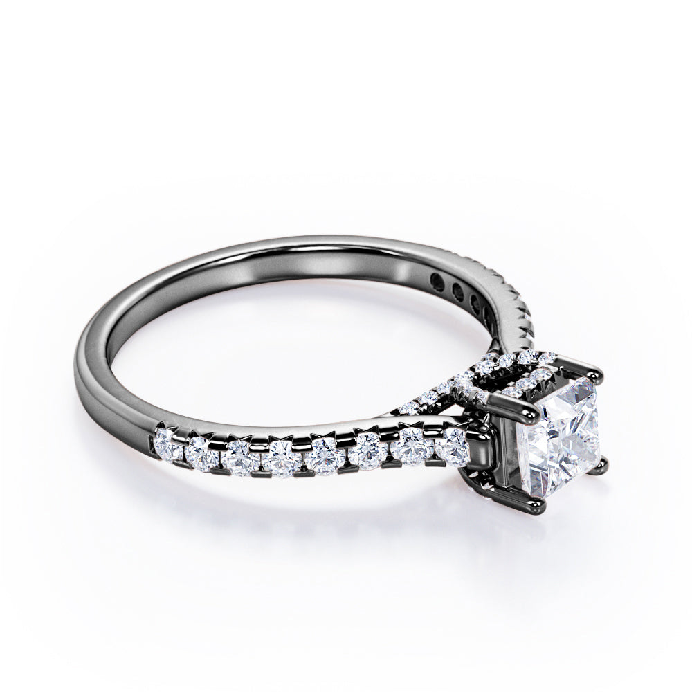 Pave-Cathedral Prong - 0.50 TCW Princess Cut Diamond - Scalloped Pave Engagement Ring - 10K Black Gold