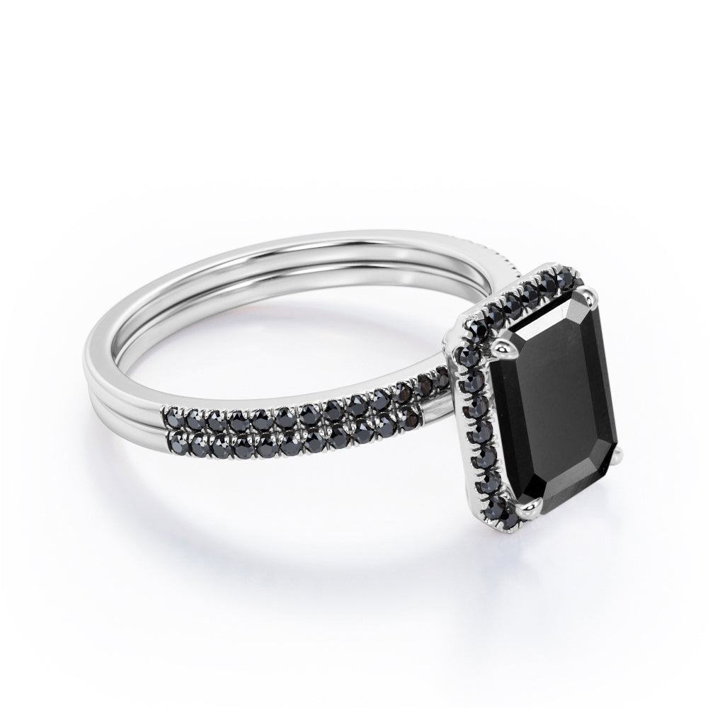 Pave Style - 1.75 TCW Emerald Cut Lab Created Black Diamond - Halo Setting Wedding Ring Set in White Gold