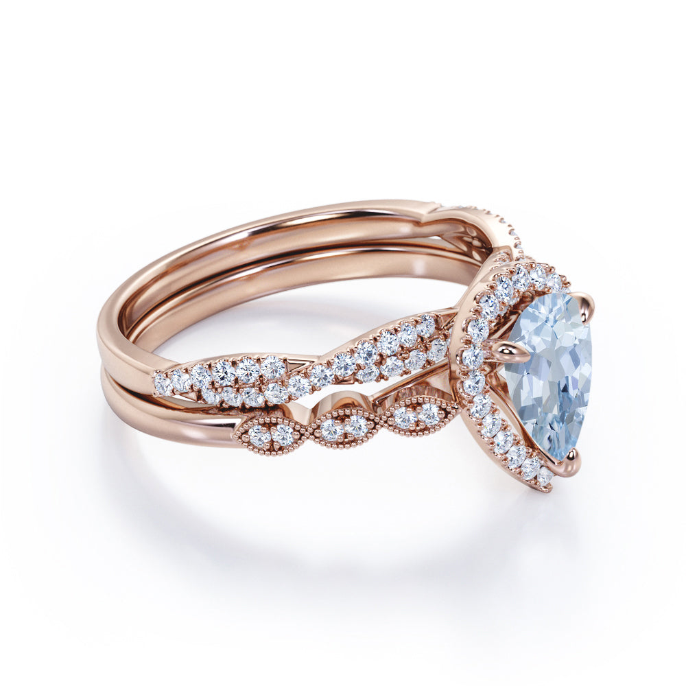 1.65 Carat Pear Cut Aquamarine And Diamond Art Deco Wedding Ring Set In White Gold