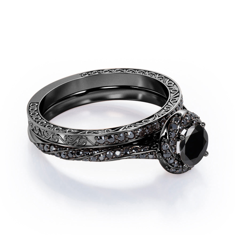 Art Deco Twisted Halo 1.55 TCW Round Shape Lab Created Black Diamond Twirl Pave Bridal Ring Set in White Gold