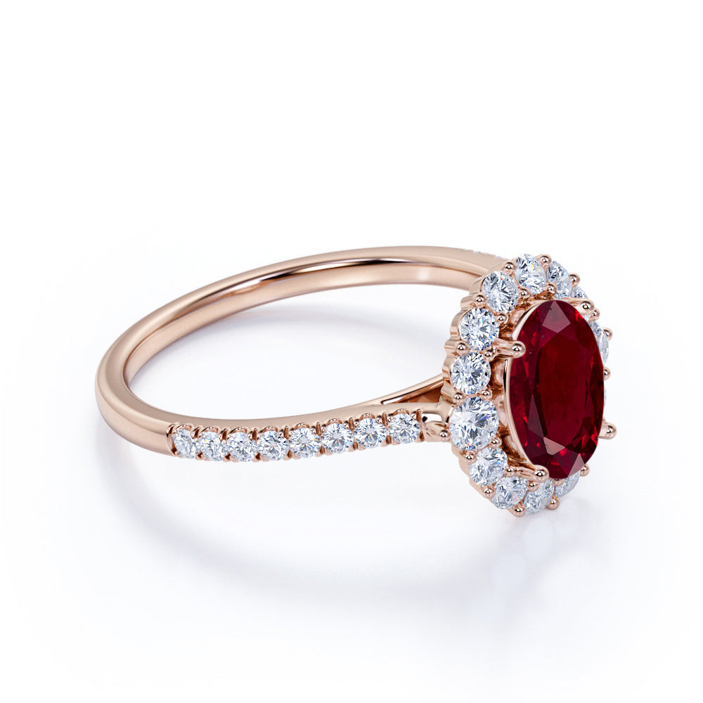 Sparkling Pave 1.5 Carat Oval Cut Lab-Created Ruby and Diamond Engagement Ring in White Gold