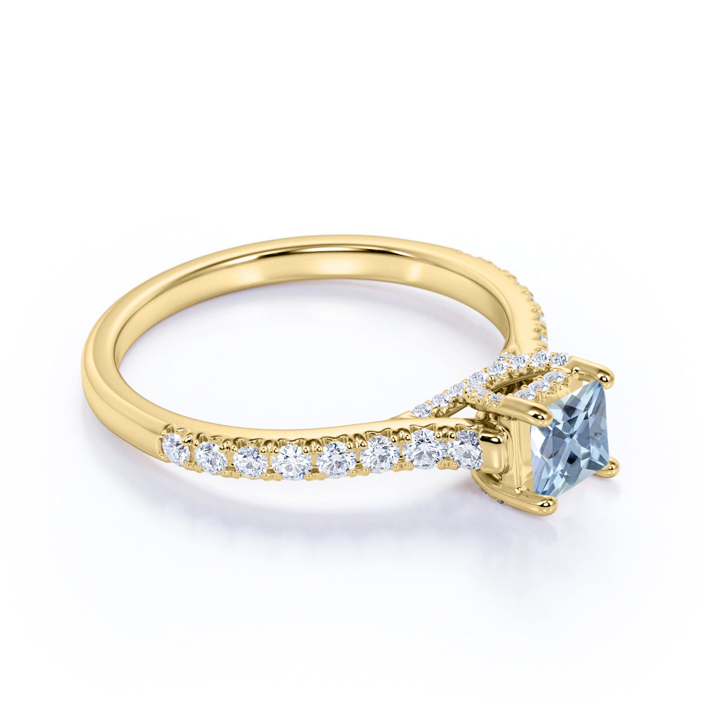 1.25 carat Princess Cut Light Blue Created Aquamarine Accent Art Deco Anniversary Ring in 18k White Gold over Silver