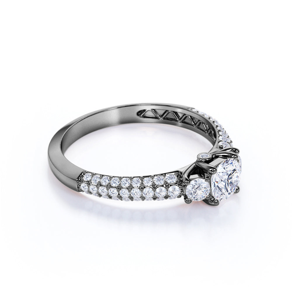 Stunning 1 Carat - Round Real 3 Stone Diamond Ring - Vintage Style - Micro Pave - Engagement Ring - 10K White Gold