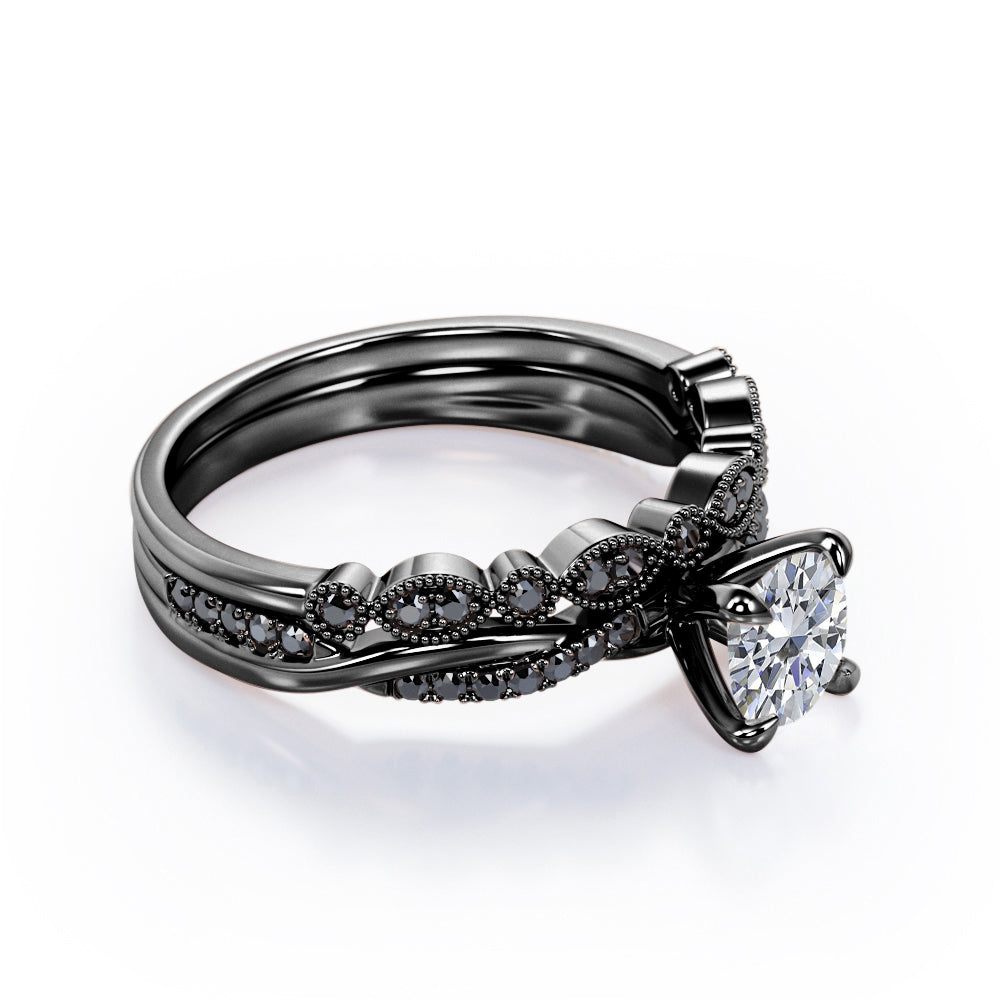 Milgrain Filigree Decorated 1.6 TCW Round Shaped Moissanite with Lab Created Black Diamond Twisted Pave Wedding Set in White Gold