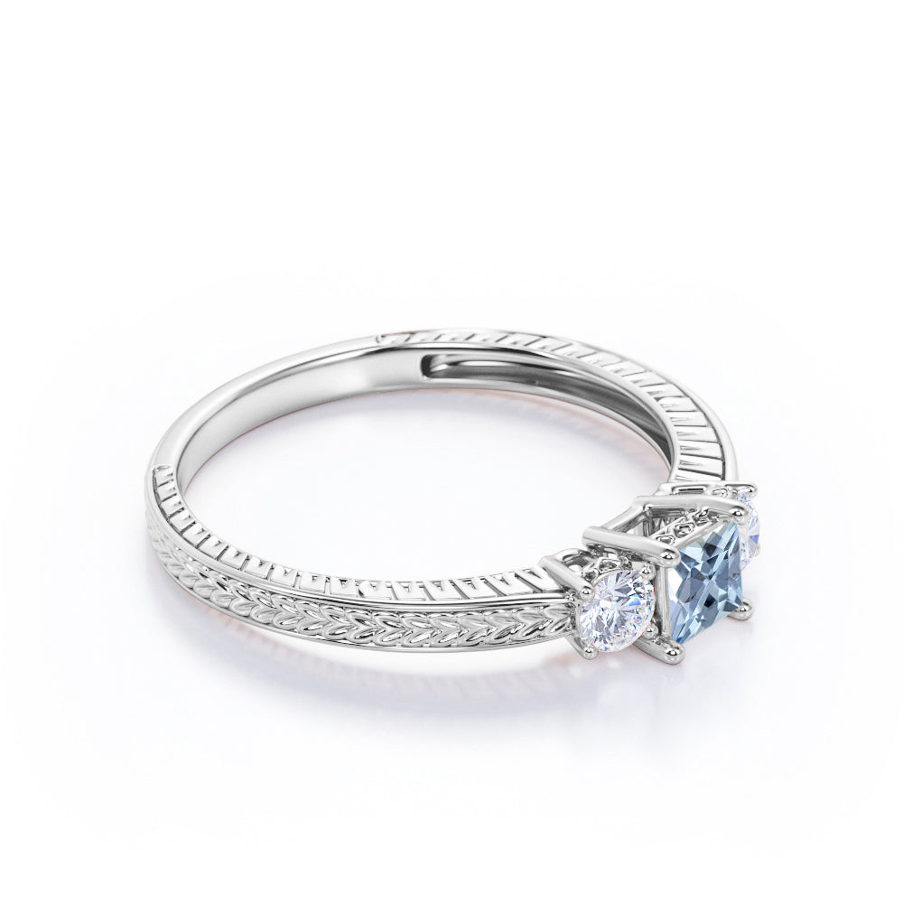 1 Carat Princess Cut Aquamarine And Diamond Vintage Engagement Ring In White Gold