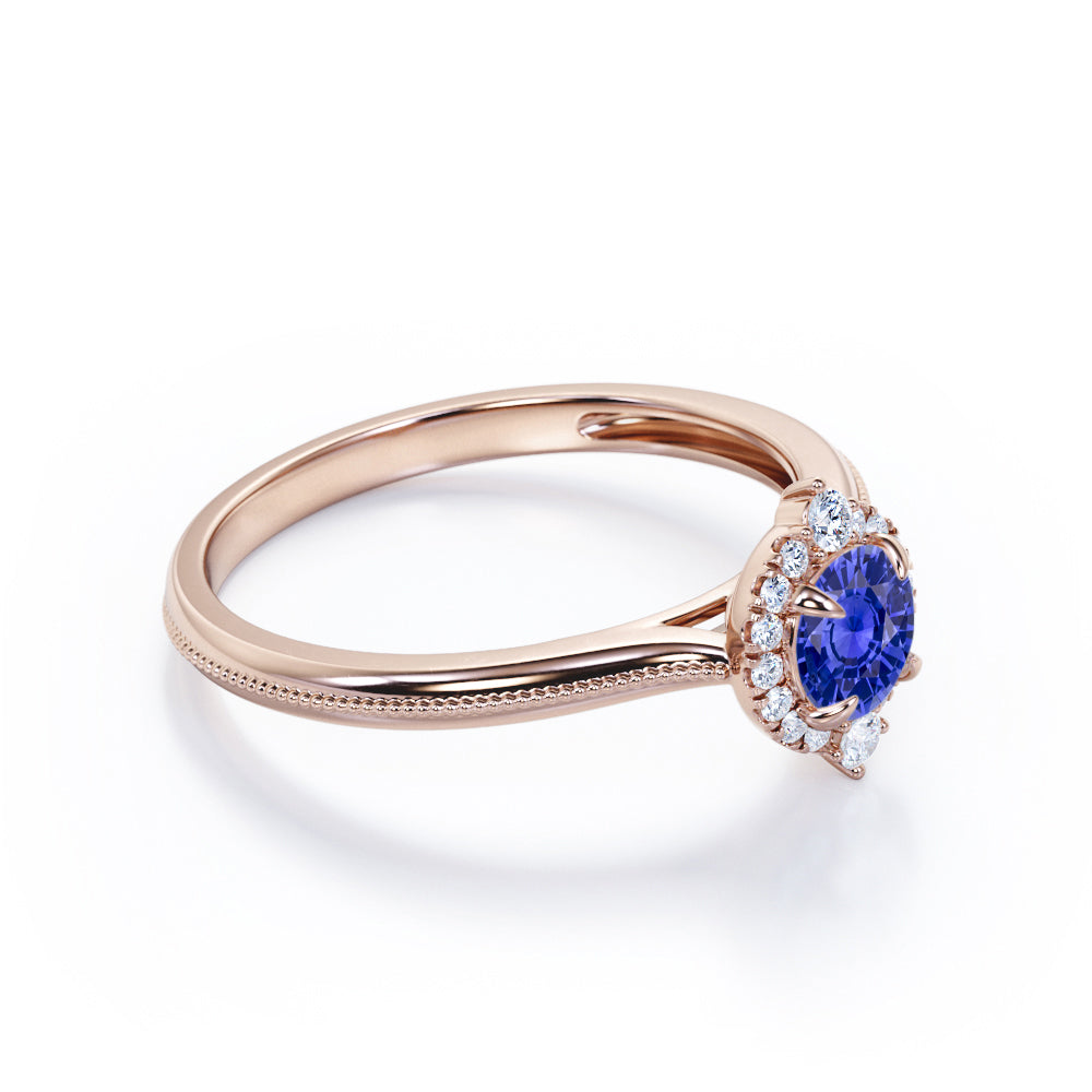 Petite Milgrain 0.70 carat Round Cut Lab-Created Sapphire and Diamond Halo Engagement ring in Rose Gold