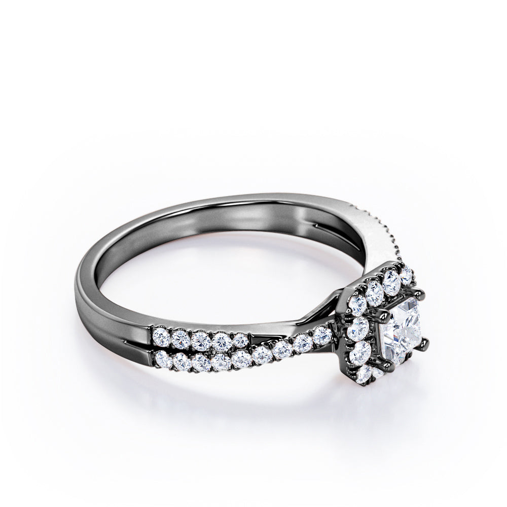 Octagon Halo 0.50 TCW Princess Cut Diamond Crossover Pave Engagement Ring in White Gold