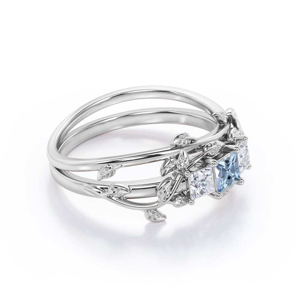 1 Carat Princess Cut Aquamarine And Diamond Leaf Art Deco Wedding Ring Set In White Gold