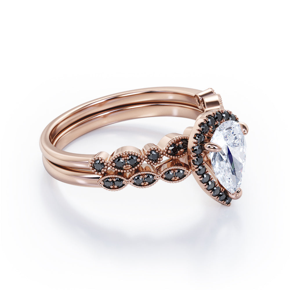 Vintage Style - 1.65 TCW Teardrop Moissanite with Lab Created Black Diamond - Milgrain Halo Bridal Set in Rose Gold