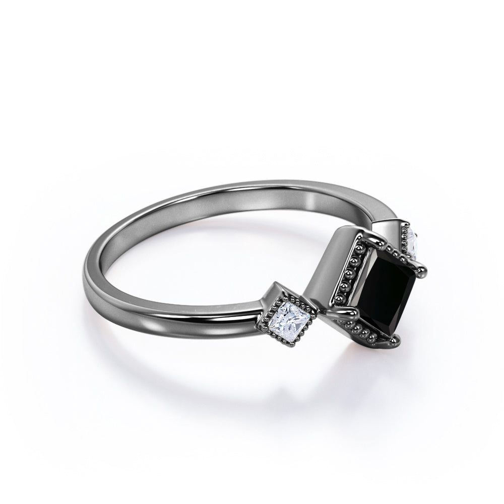 1 carat princess cut Black Diamond three stone pave engagement ring in white gold