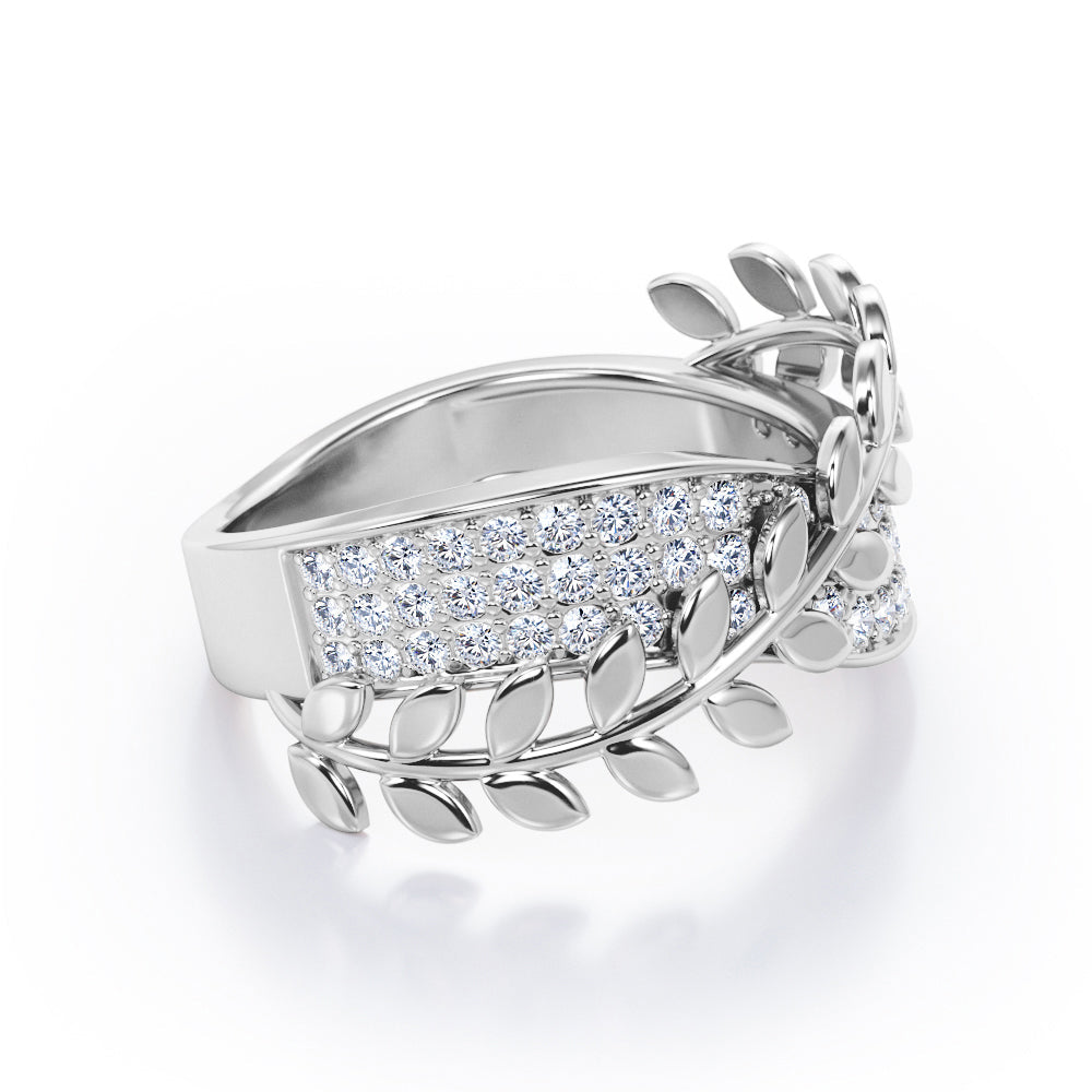 Triple-lined Bright Cut Pave - 0.30 TCW Round Brilliant Cut Diamond - Nature Inspired Stackable Ring - 10K White Gold