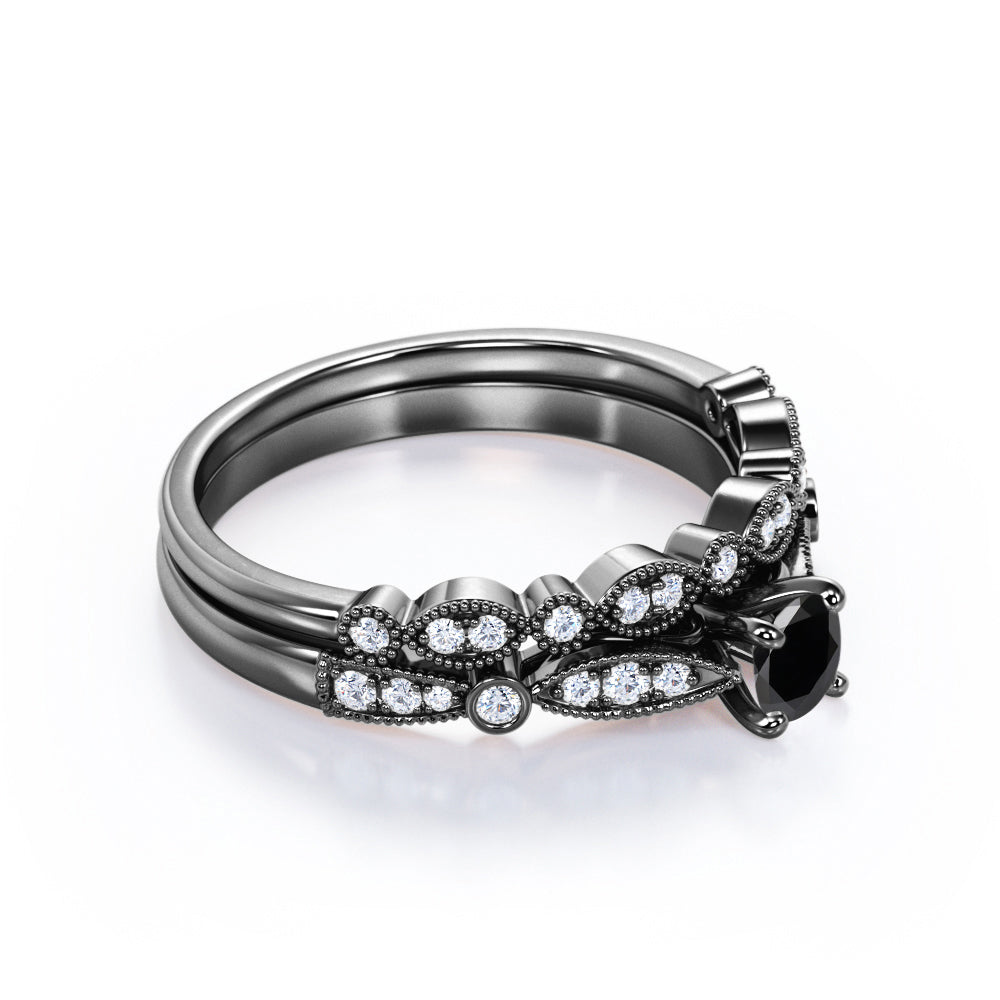 1.3 Carat Round Cut Lab Grown Black Diamond Unique Wedding Ring Set For Women In White Gold