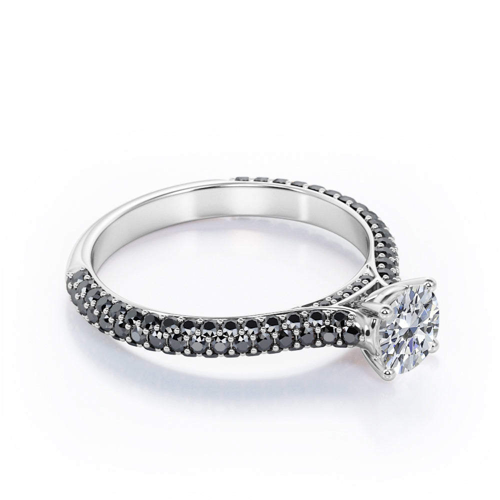 3-Row Micro Pave - 0.6 TCW Round Shaped Diamond with Lab Created Black Diamond - Cathedral Engagement Ring - 10K White Gold