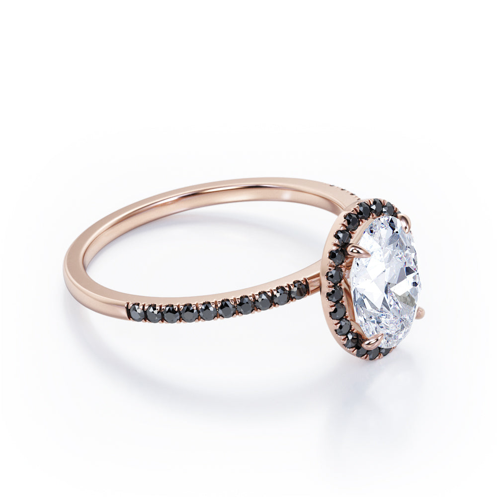 North-South Halo - 1.5 TCW Oval Shape Moissanite with Lab Created Black Diamond - Pave Design Engagement Ring in Rose Gold