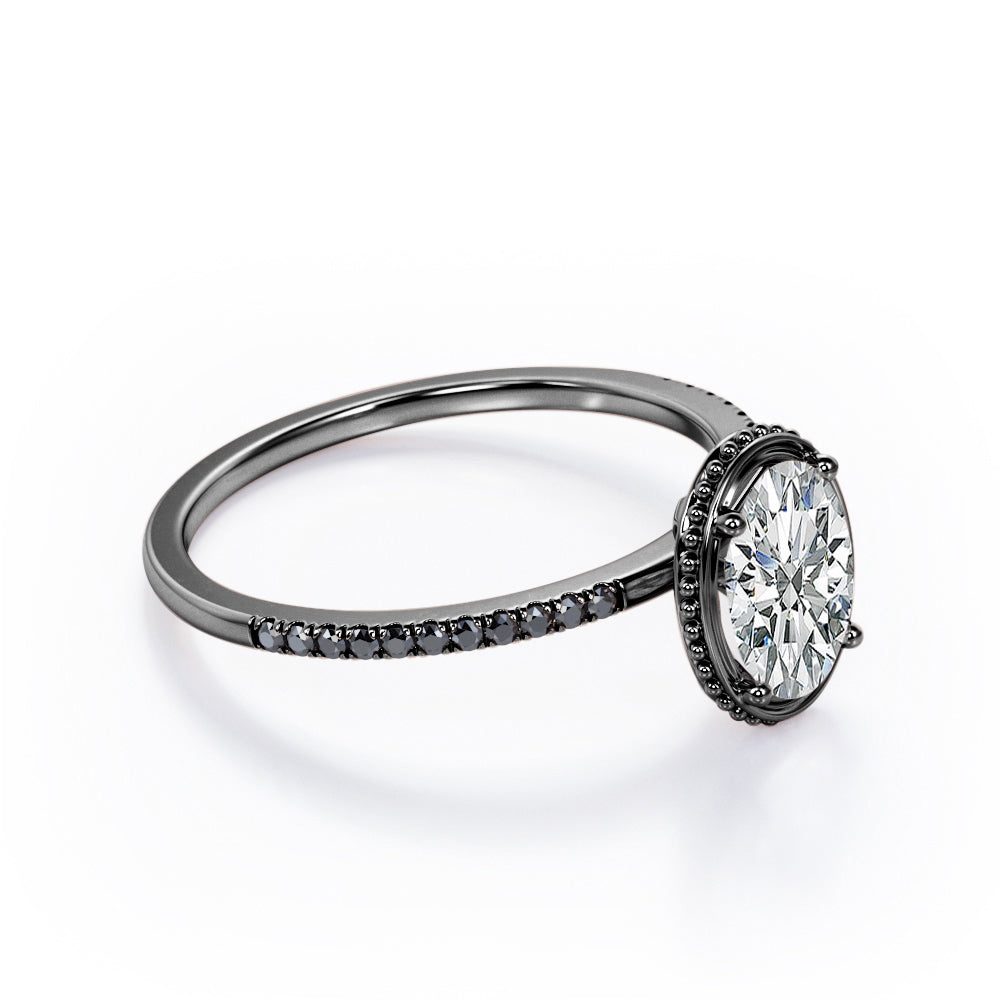 Milgrain Bezel Prong 1.5 TCW Oval Cut Moissanite with Lab Created Black Diamond Pave Style Engagement Ring in Rose Gold