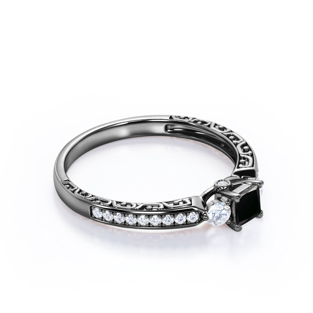 1.35 Carat Princess Cut Lab Grown Black Diamond 3 Stone Vintage Engagement Ring In White Gold