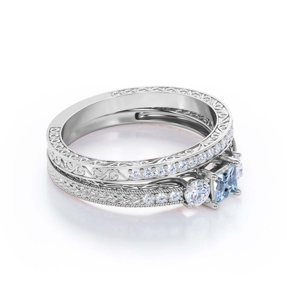 1.35 Carat Princess Cut Aquamarine And Diamond Antique Wedding Ring Set In White Gold