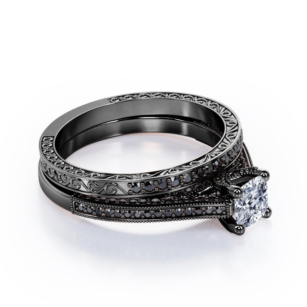 3 Sided Pave 1.55 TCW Princess Cut Moissanite with Lab Created Black Diamond Milgrain Decorated Wedding Ring Set in White Gold