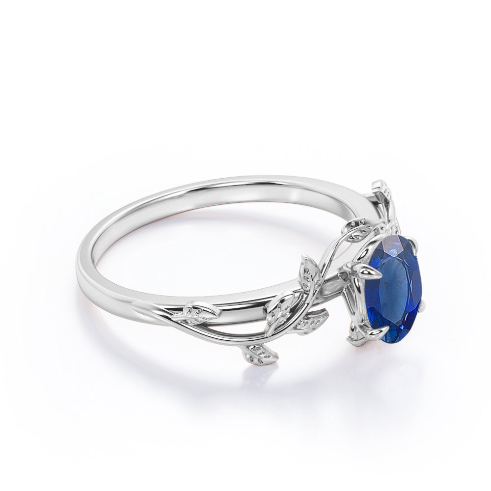 1 carat Oval Cut Lab-created Sapphire Leaf Vine Engagement ring in White Gold