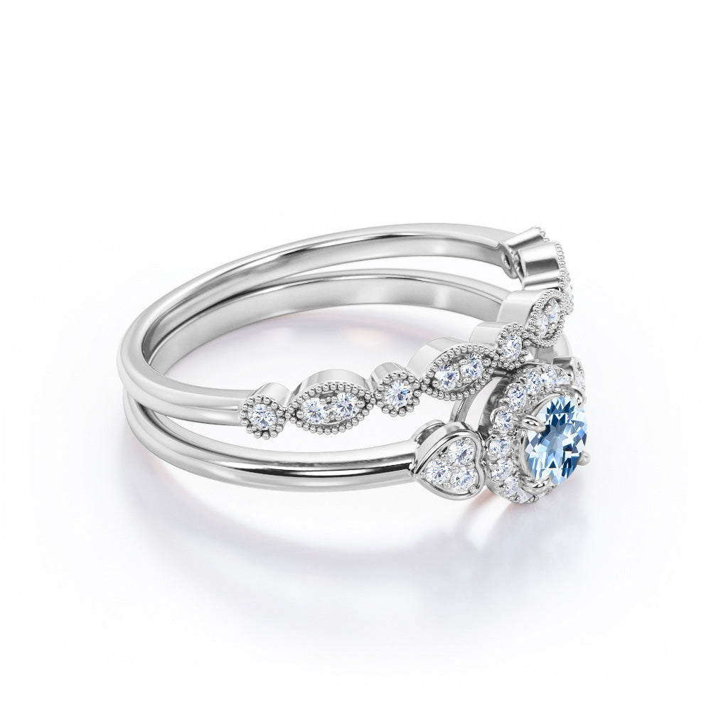 1.20 Carat Round Cut Aquamarine And Diamond Halo Wedding Ring Set In White Gold