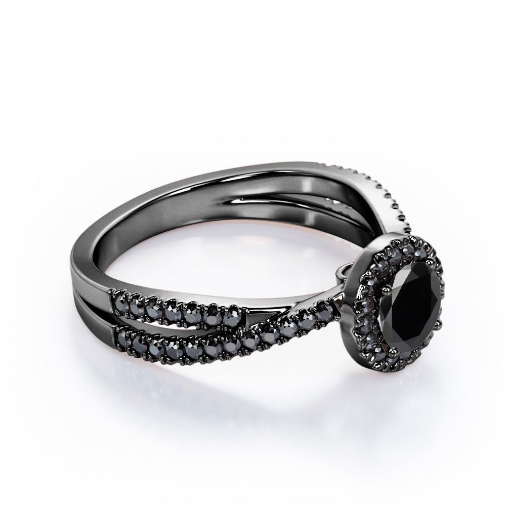 Milgrain Halo - 1.4 TCW Round Cut Lab Created Black Diamond - Infinity Double Strand Engagement Ring in White Gold