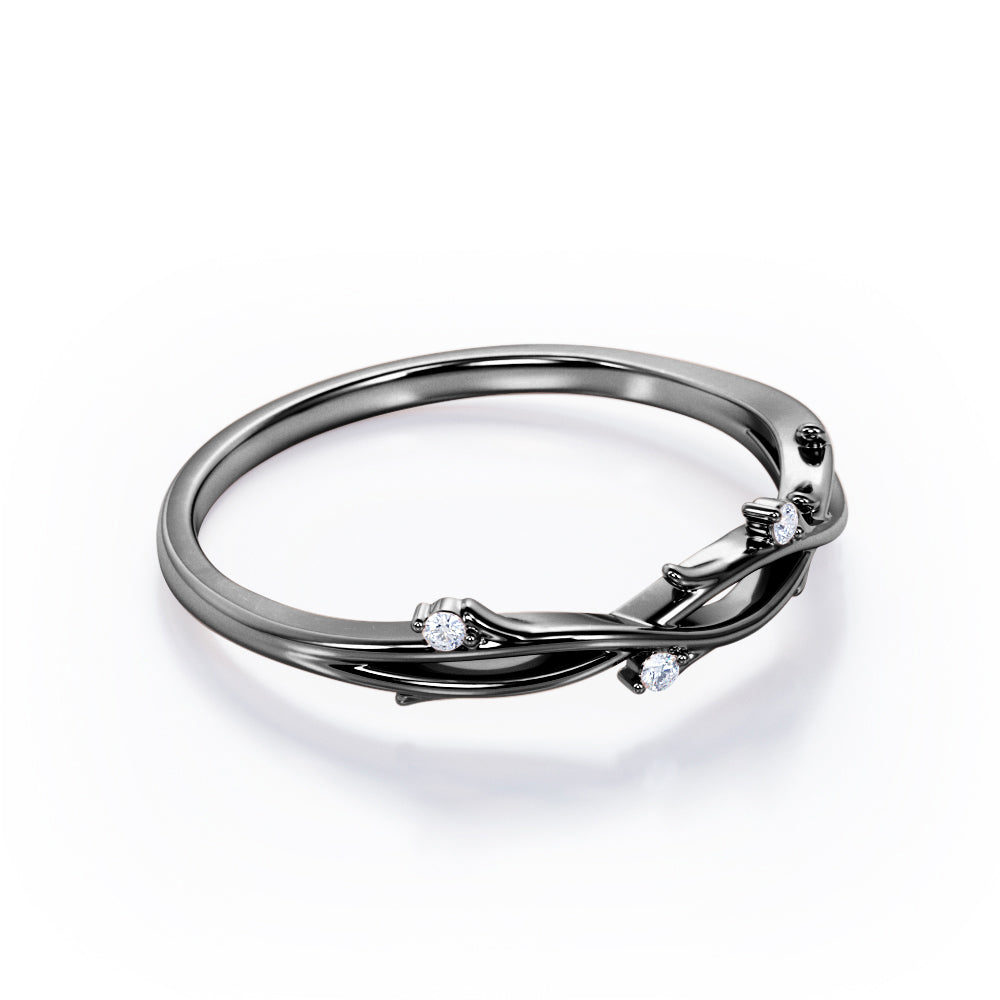 Nature Inspired - 0.10 TCW Round Cut Moissanite- Crossover Twig Stackable Ring - White Gold