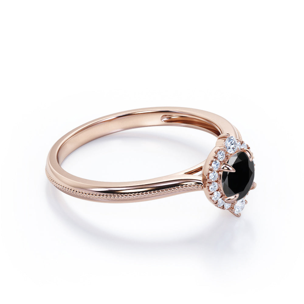 1 carat round cut Black Diamond halo engagement ring in white gold