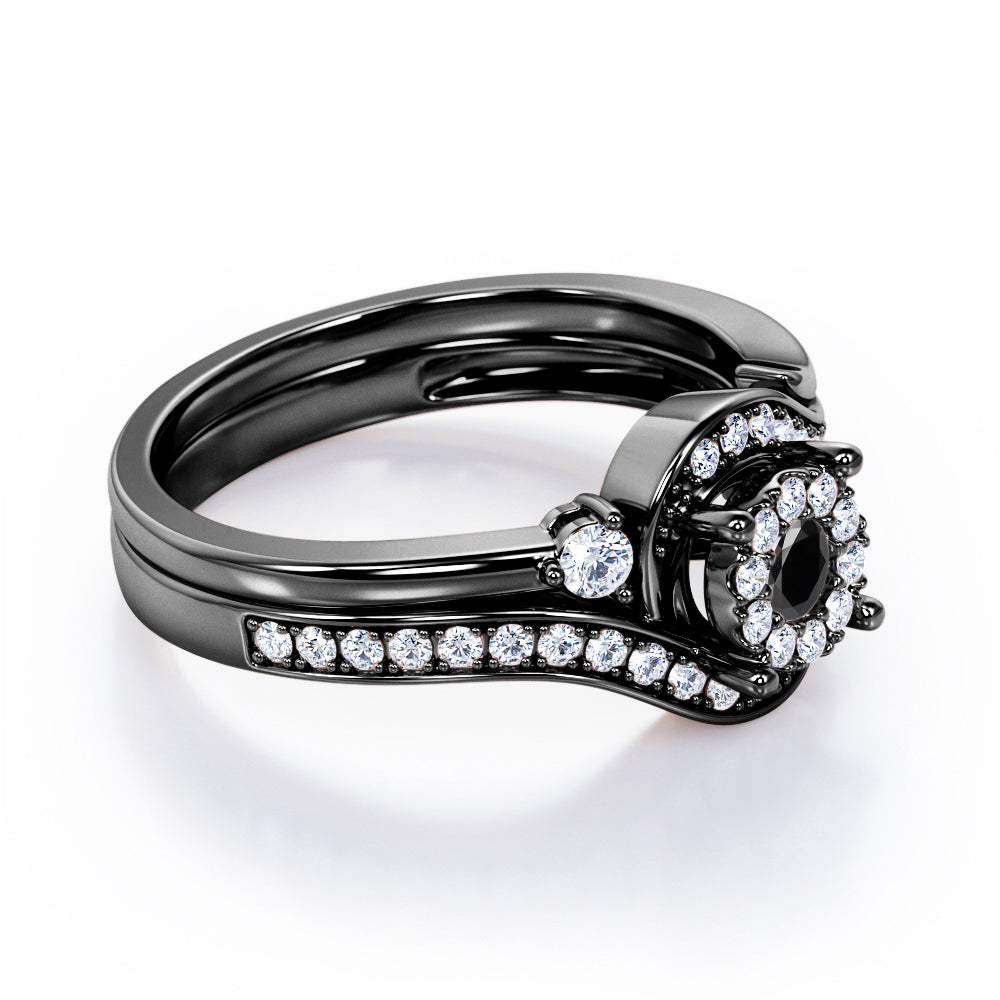 Pave-Prong Design 0.55 TCW Round Shape Black Diamond Bridal Ring Set in Black Gold