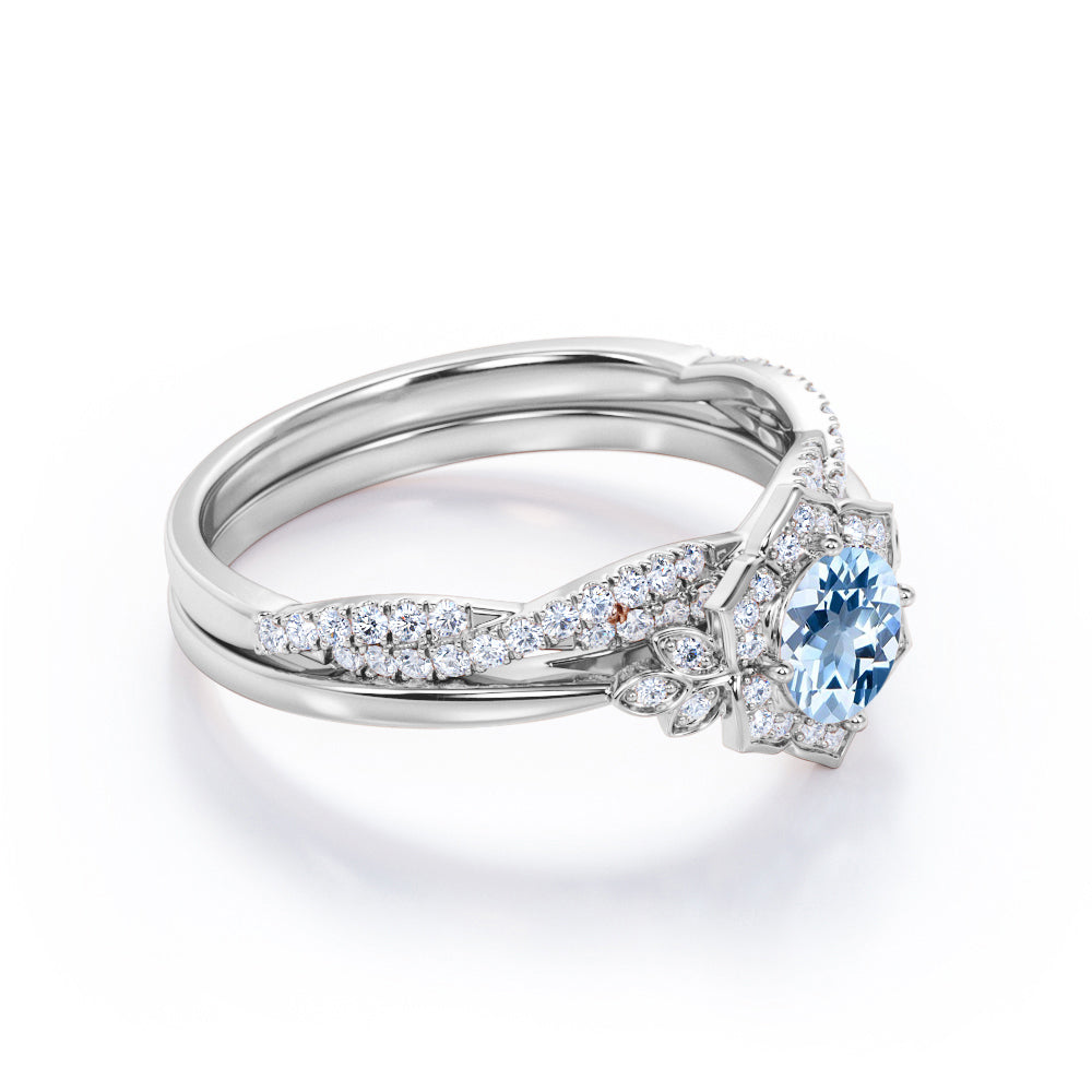 1.45 Carat Round Cut Aquamarine And Diamond Floral Inspired Wedding Ring Set In White Gold