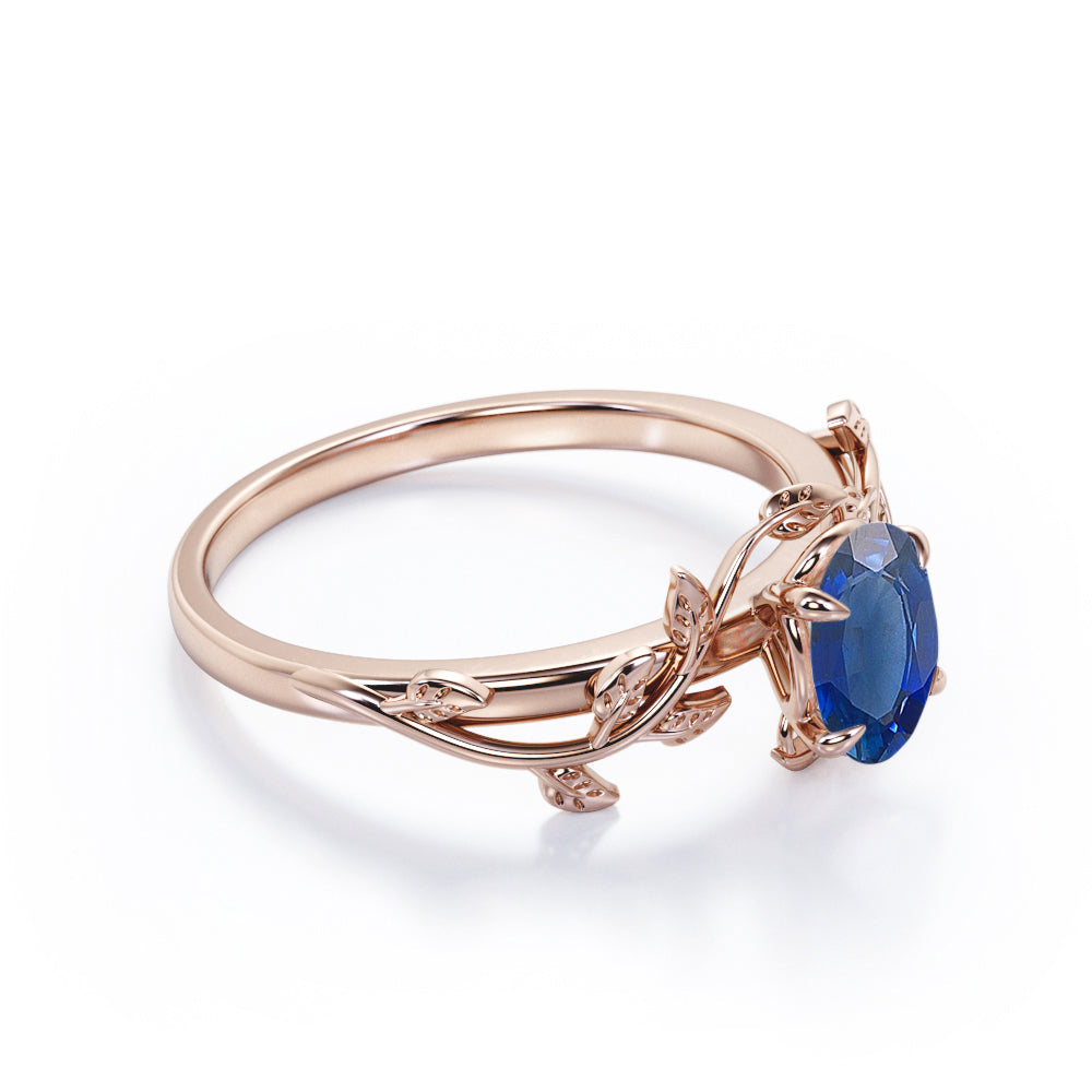 1 carat Oval Cut Lab-created Sapphire Leaf Vine Engagement ring in White Gold