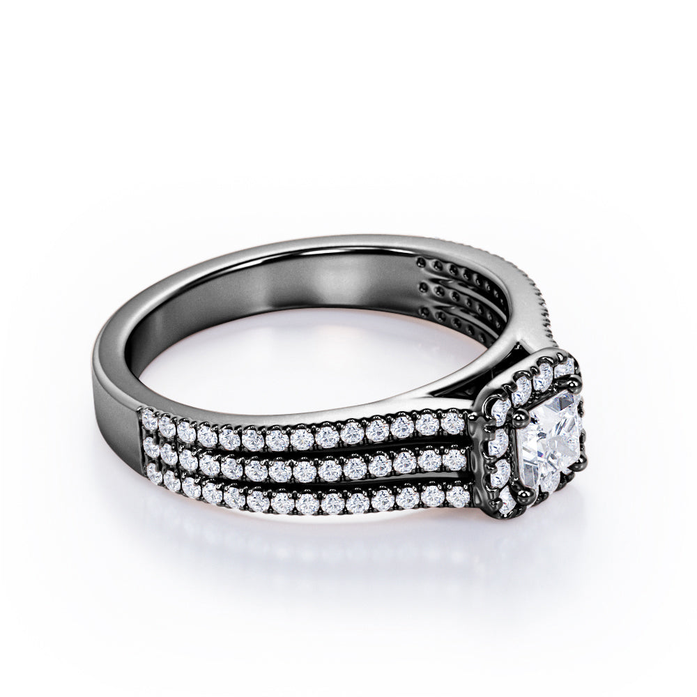 Triple Split-Shanked Pave - 0.55 TCW Princess Cut Diamond - Halo Engagement Ring - 10K White Gold