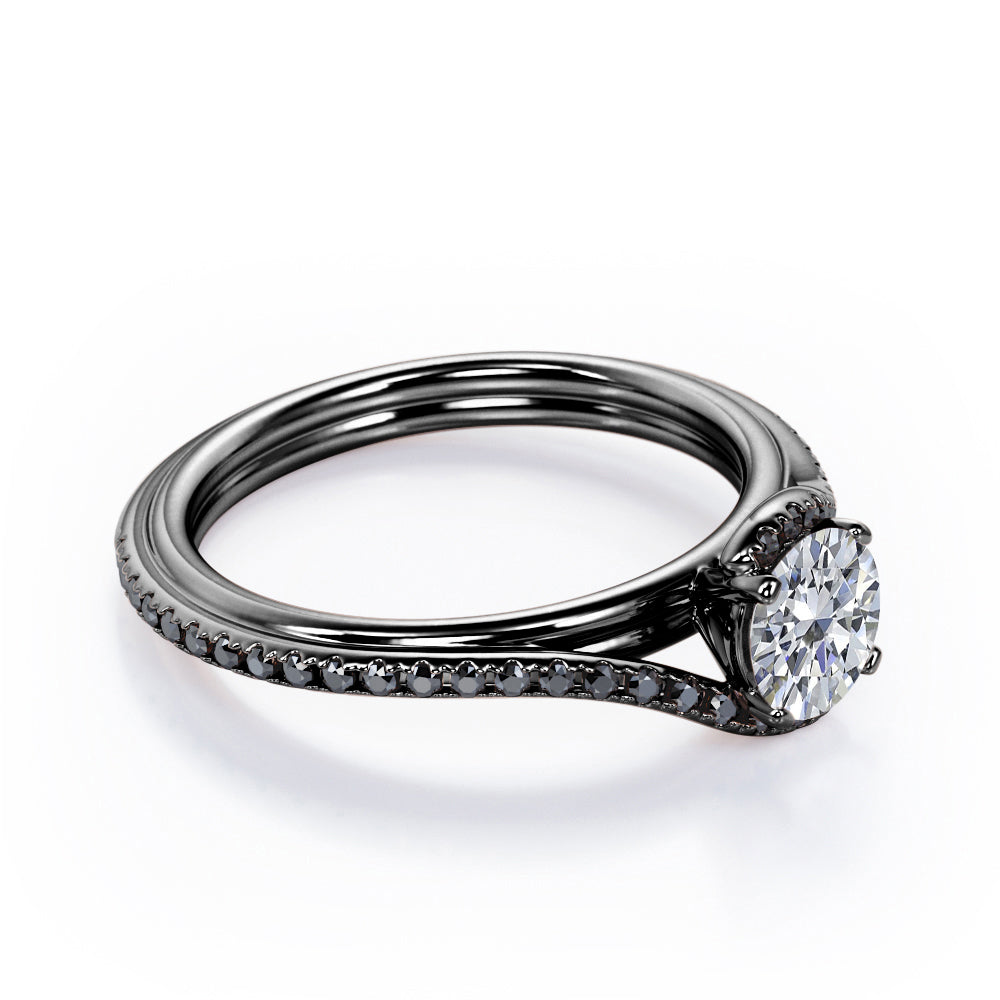 Overlay Double Banded - 1.25 TCW Round Cut Moissanite with Lab Created Black Diamond - Tension Pave Engagement Ring in White Gold