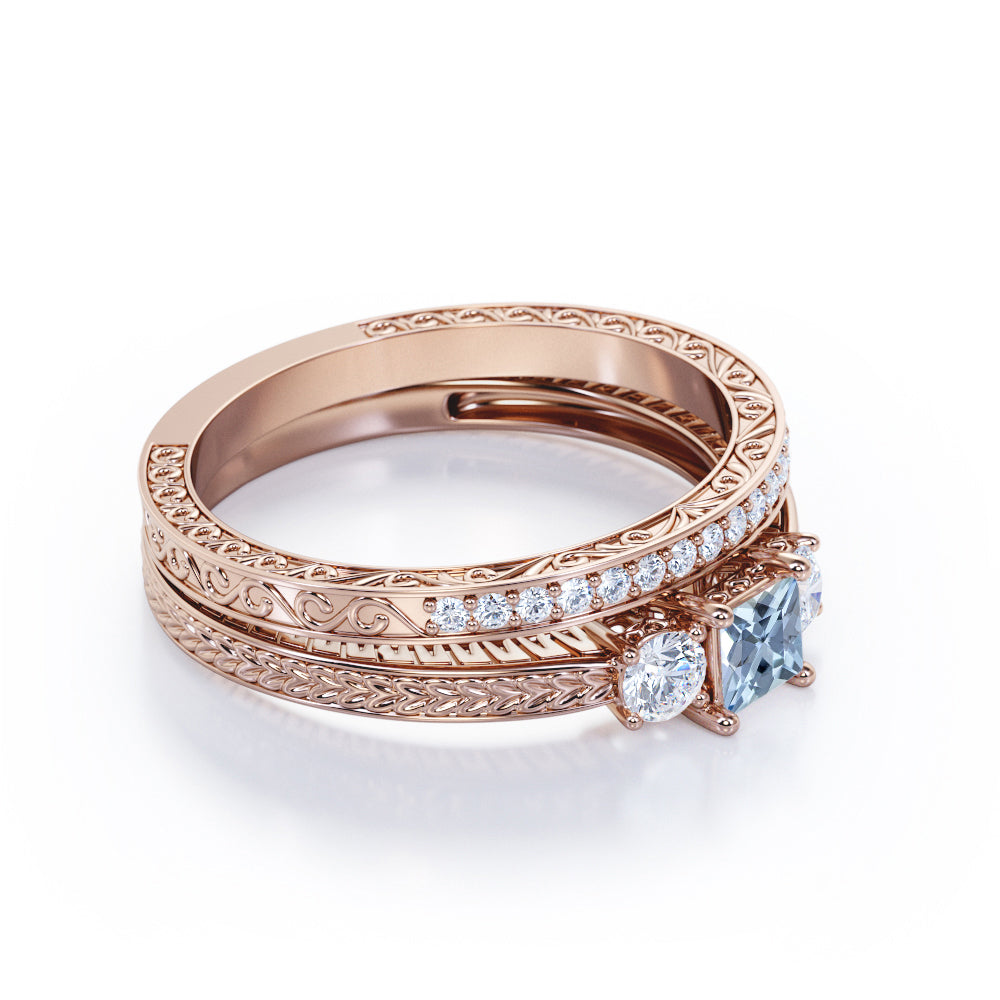 1.15 Carat Princess Cut Aquamarine And Diamond Three Stone Wedding Ring Set In White Gold