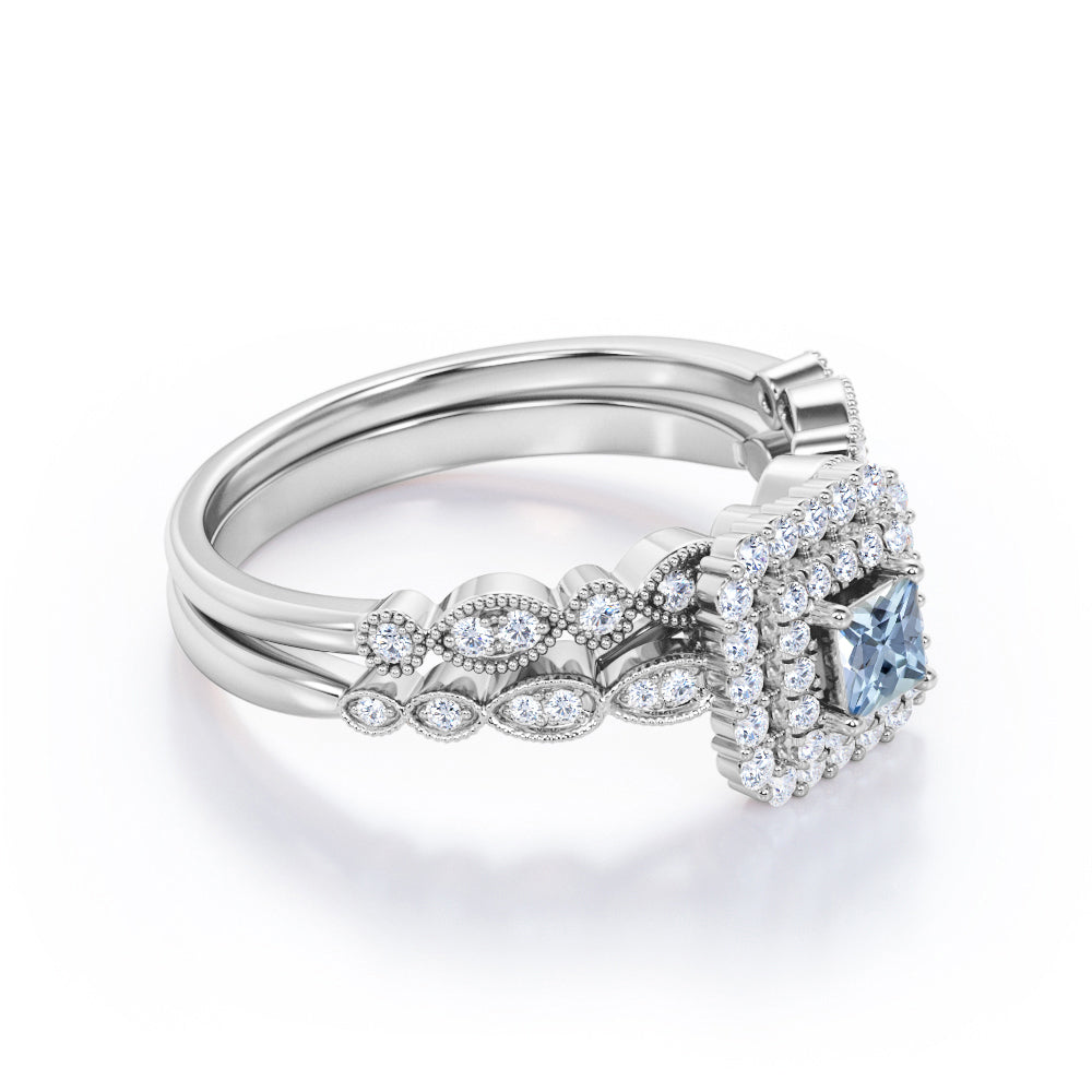 1.45 Carat Princess Cut Aquamarine And Diamond Cluster Wedding Ring Set In White Gold