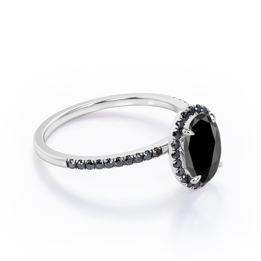 North-South Halo - 1.5 TCW Oval Shape Lab Created Black Diamond - Pave Design Engagement Ring in White Gold