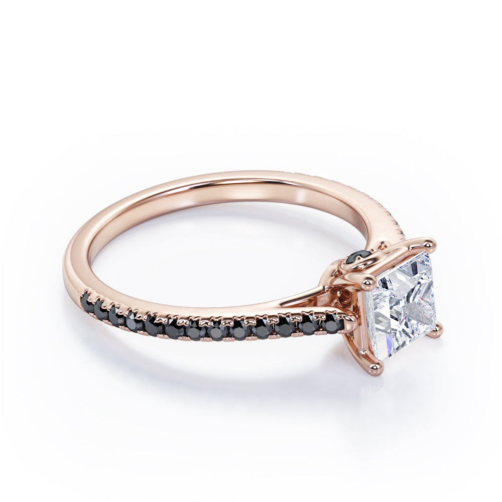 1.25 TCW Princess Cut Moissanite with Lab Created Black Diamond - Pave Setting - Prong Engagement Ring in Rose Gold