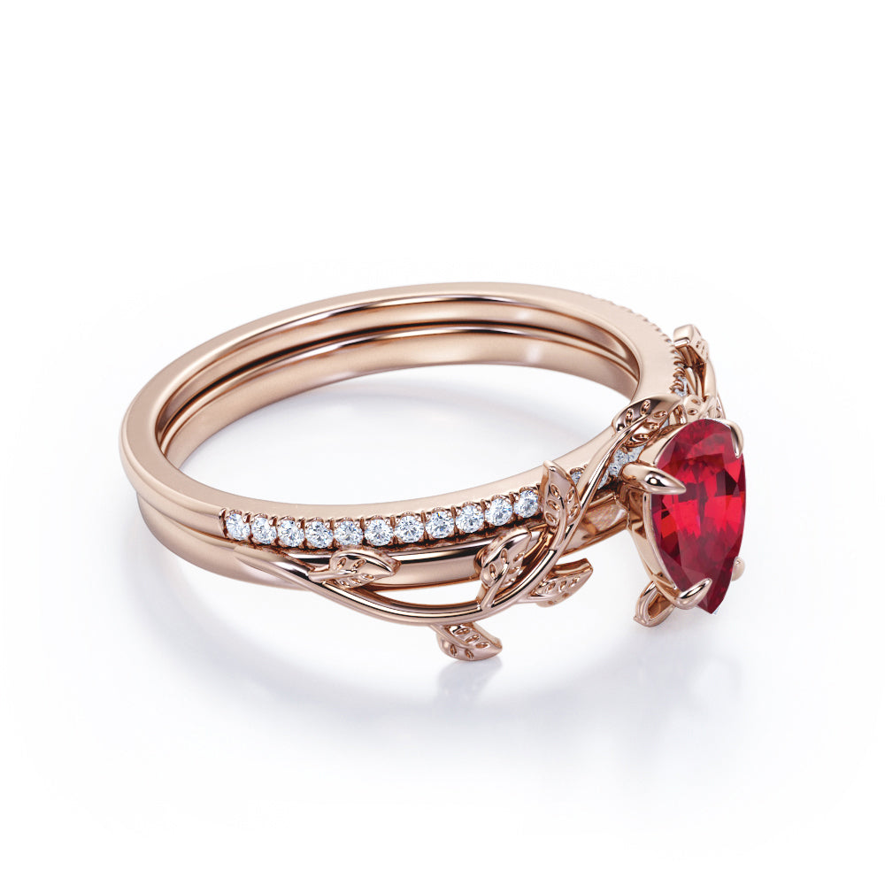 Art Deco Inspired 1.25 carat Pear Cut Lab-Created Ruby and Diamond Pave Bridal ring set in White Gold