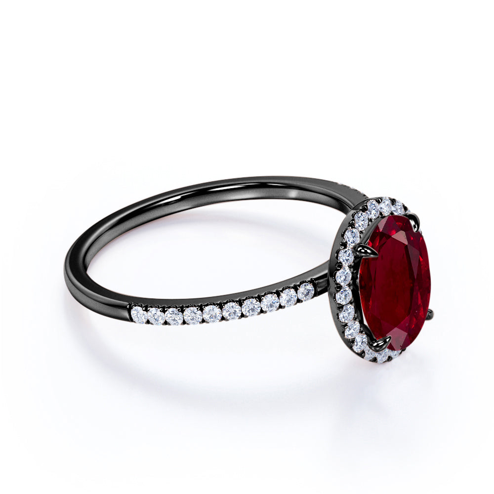 Antique 1.25 Carat Oval Cut Lab-Created Ruby and Diamond Halo Engagement Ring in Rose Gold