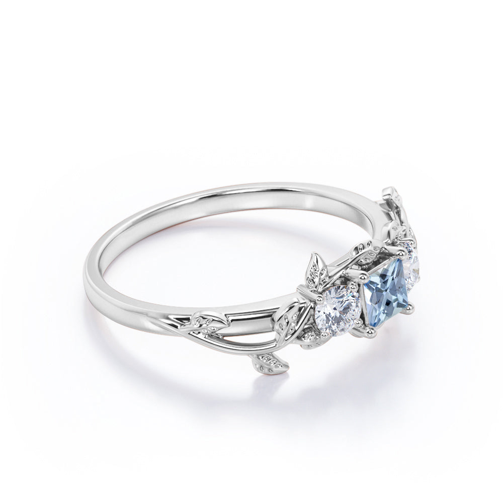 1 Carat Princess Cut Aquamarine And Diamond Leaf Art Deco Engagement Ring In White Gold