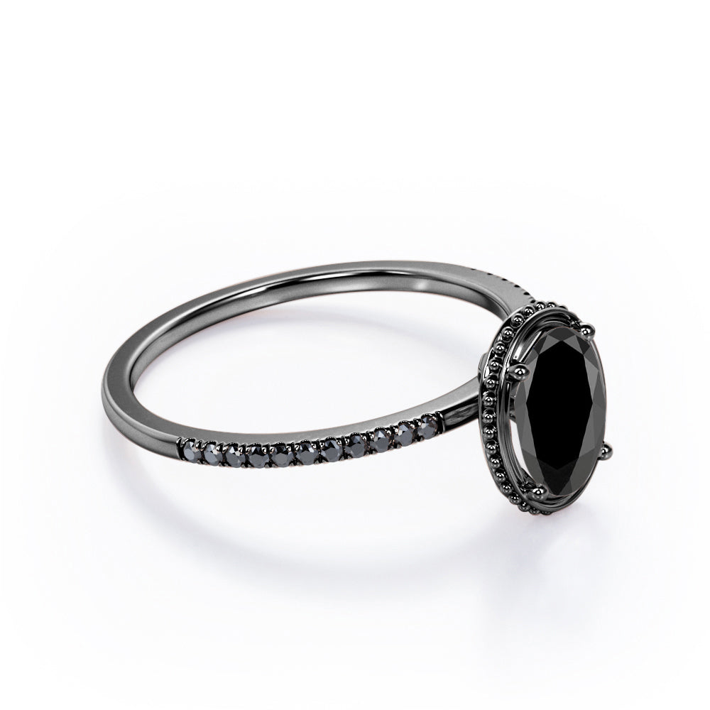 Milgrain Bezel Prong 1.5 TCW Oval Cut Lab Created Black Diamond Pave Style Engagement Ring in White Gold