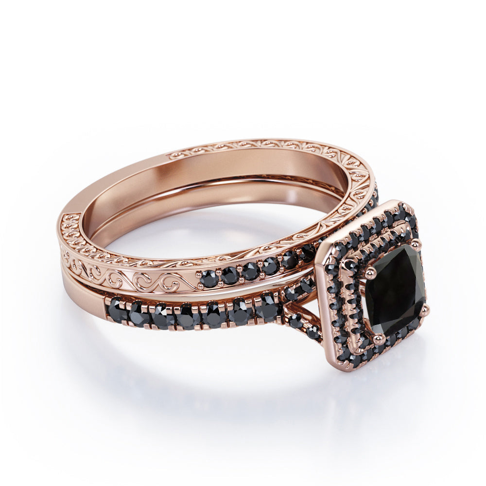 Art-Deco Pave Accented 1.7 TCW Princess Cut Lab Created Black Diamond Double Halo Bridal Ring Set in White Gold