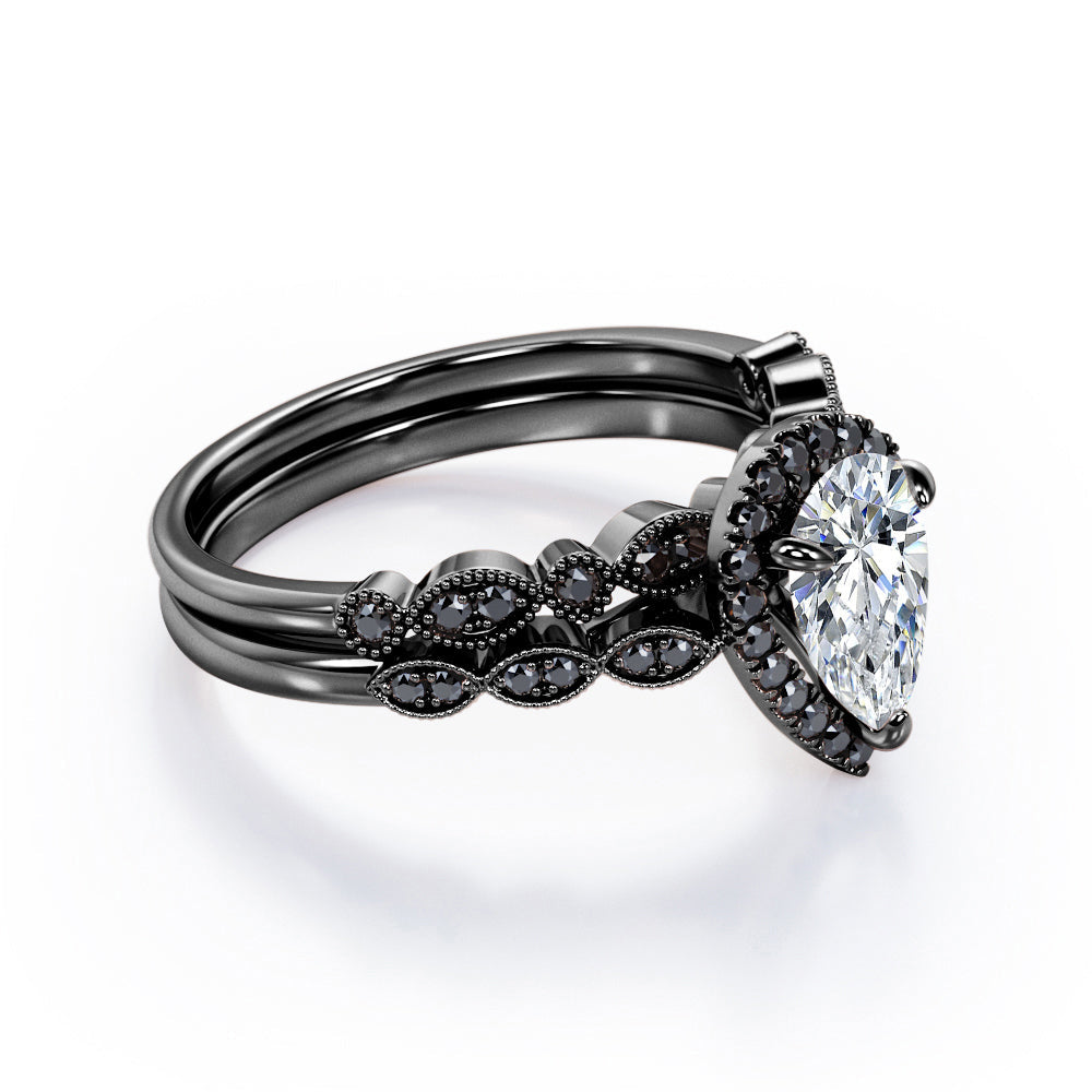 Vintage Style - 1.65 TCW Teardrop Moissanite with Lab Created Black Diamond - Milgrain Halo Bridal Set in Rose Gold