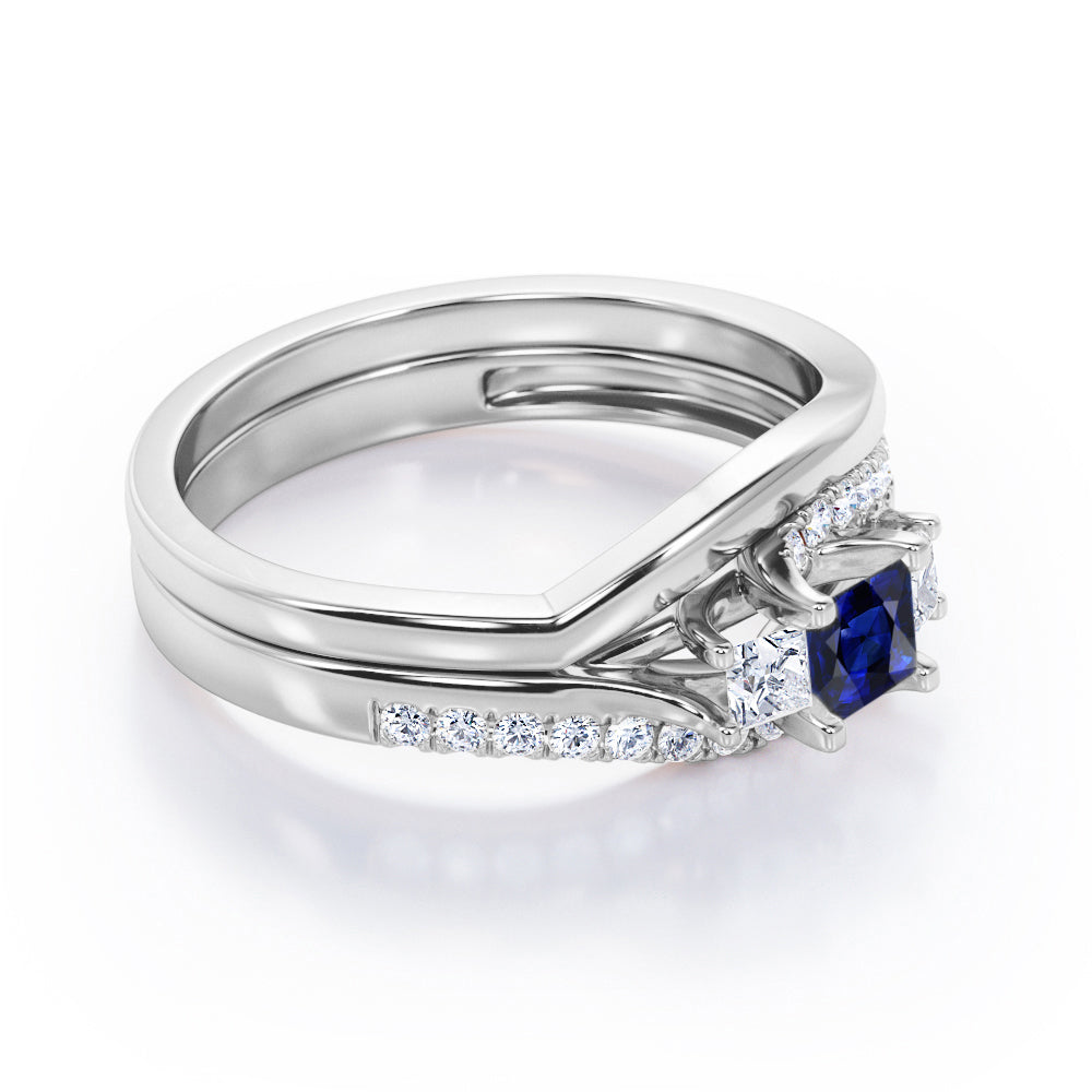 3 Stone Shared Prong - 1 TCW Princess Cut Blue Sapphire and Moissanite - Pave Curved Shank Wedding Set - Rose Gold