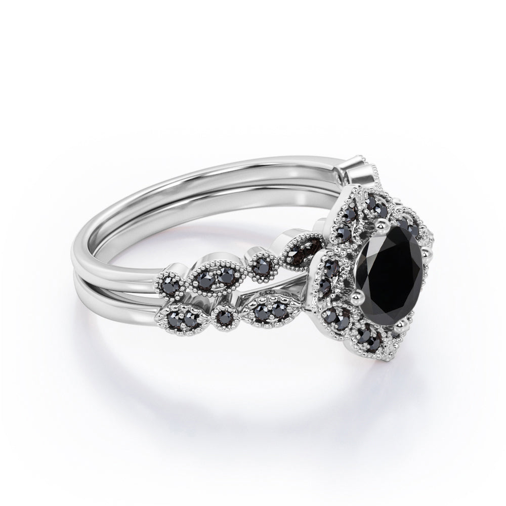 Milgrain Floral Cluster - 1.75 TCW Round Cut Lab Created Black Diamond - Filigree Bridal Ring Set in White Gold