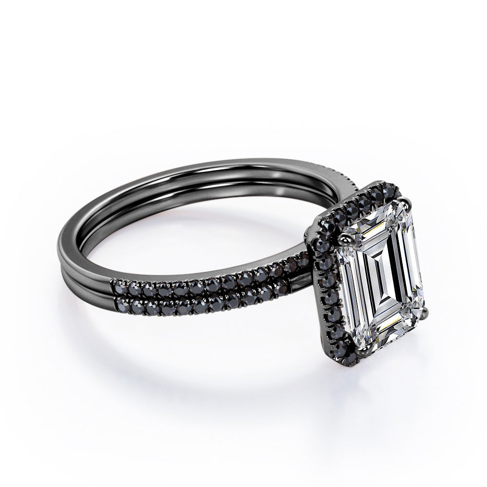 Pave Style - 1.75 TCW Emerald Cut Moissanite with Lab Created Black Diamond - Halo Setting Wedding Ring Set in Black Gold