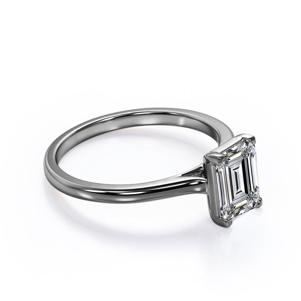 Minimalist - 1 Carat Cubic Zirconia Emerald Cut - Solitaire Prong Set Right Hand Ring - 18K White Gold Plating over Silver