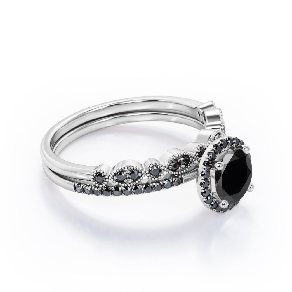 Art Deco Pave Setting - 1.65 TCW Round Cut Lab Created Black Diamond - Halo Design Bridal Set in White Gold